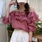 Off-shoulder Ruffle Cropped Blouse Dark Pink - One Size