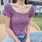 Short-sleeve Button Cropped Knit Top