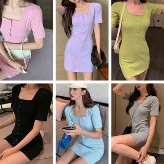 Short-sleeve Square-neck Slim-fit Dress