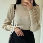 Buttoned Puff-sleeve Rib Knit Top