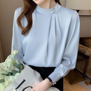 Long-sleeve Plain Loose Fit Satin Blouse