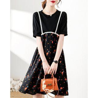 Mock Two-piece Puff-sleeve Pineapple Print Dress
