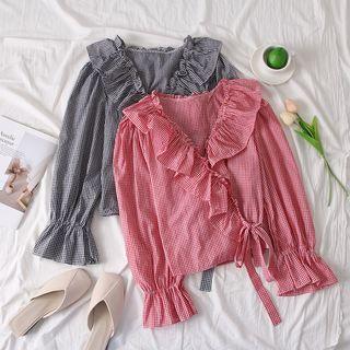 V-neck Ruffled Checked Top