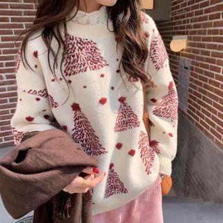 Round Neck Snowflake Christmas Tree Print Loose Fit Sweater