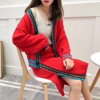 Set: Contrast-trim Cardigan + Slit-side Midi Knit Skirt