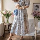 Balloon-sleeve Floral Flared Long Dress White - One Size