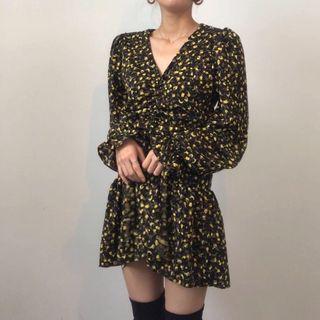 Bell-sleeve Drawstring Floral Printed Dress