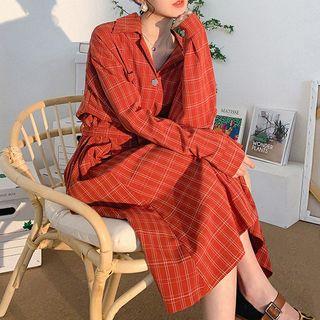 Pocket-front Long-sleeve Gingham Dress