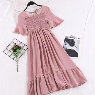 Shirred Short-sleeve Midi A-line Dress