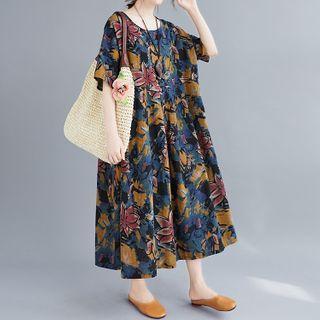 Elbow-sleeve Floral Print Linen Blend A-line Midi Dress As Shown In Figure - One Size