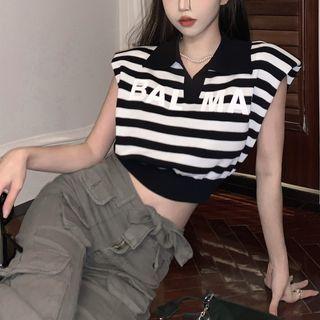 Sleeveless Striped Polo Shirt Striped - Black & White - One Size