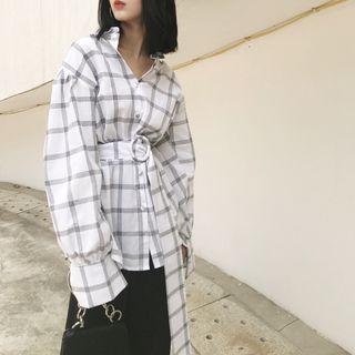 Long-sleeved Plaid Blouse With Sash