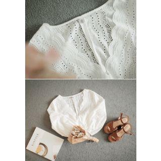 Scallop-neckline Smocked-waist Eyelet Top