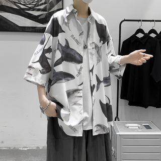 3/4-sleeve Shark Print Shirt