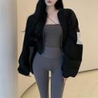 Label Applique Balloon Sleeve Bomber Jacket