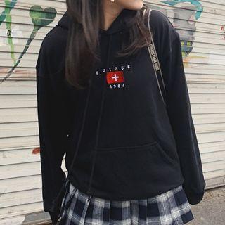 Loose-fit  Print Hooded Pullover Black - One Size
