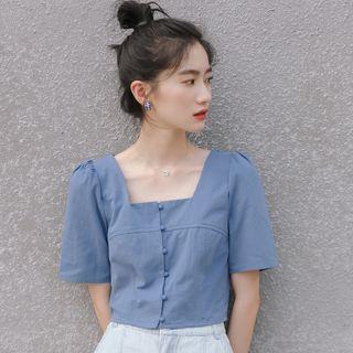Short-sleeve Square-neck Plain Cropped Blouse