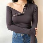 Button Strapless Solid Color Long-sleeved T-shirt
