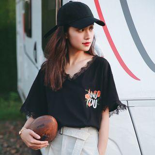 Short-sleeve Lace-trim Printed T-shirt
