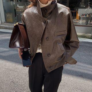 Single-breasted Faux Leather Jacket Brown - One Size