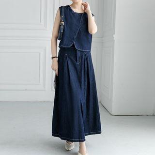 Set: Sleeveless Denim Top + Midi A-line Skirt