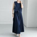 Set: Sleeveless Denim Top + Midi A-line Skirt