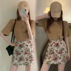 Short-sleeve Glitter T-shirt / Floral Print A-line Skirt