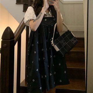 Short-sleeve Contrast Trim Shirt / Flower Embroidered Mini Overall Dress