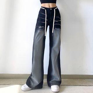 High-waist Tie-dye Denim Wide-leg Pants With Belt