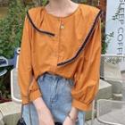 Long-sleeve Round Neck Plain Ruffle Trim Blouse