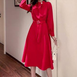 Belted Balloon-sleeve Midi A-line Dress