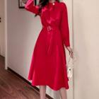 Belted Balloon-sleeve Midi A-line Dress