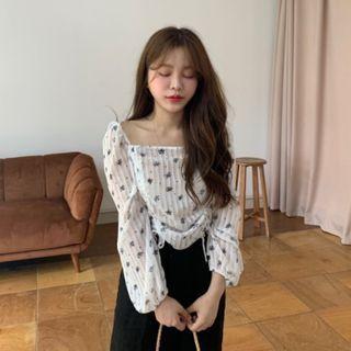 Puff-sleeve Floral Drawstring Blouse