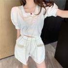 Contrast Stitching Puff-sleeve Blouse / Wide-leg Shorts