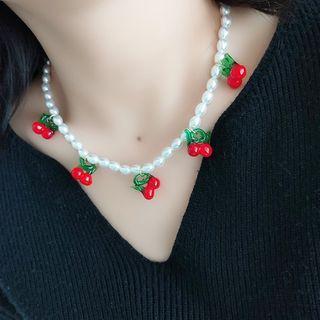Cherry Faux Pearl Necklace Red & White - One Size