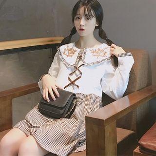 Long-sleeve Embroidered Collar Plaid Panel Dress As Shown In Figure - One Size