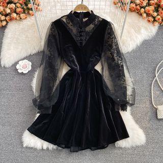 Mandarin Collar Lace Panel Midi A-line Dress