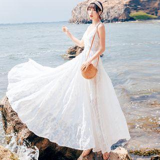 Lace Open Back Sleeveless Maxi A-line Dress