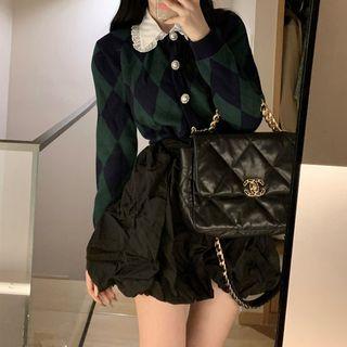 Long-sleeve Plaid Knit Cardigan / Plain Mini Skirt