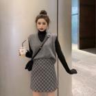 Long-sleeve Mock Neck T-shirt / Knit Vest / Plaid Mini A-line Skirt