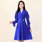 Bell-sleeve Paneled Double-breasted Blazer Dress