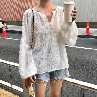 Plain Long-sleeve Loose-fit Top White - One Size