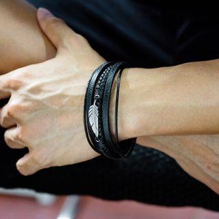 Feather Alloy Leather Layered Bracelet