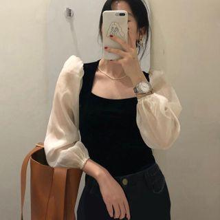 Long-sleeve Square-neck Two-tone Blouse