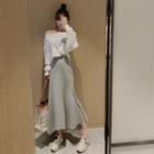 Printed Off-shoulder Long-sleeve Pullover / Irregular Side-slit Midi Skirt