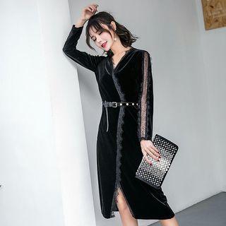 Lace Trim Long-sleeve Wrap Midi Dress