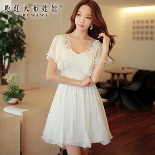 Flutter-sleeve Lace-trim Dress