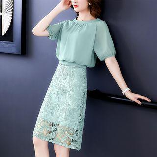 Mock Two-piece Lace Short-sleeve Chiffon Dress