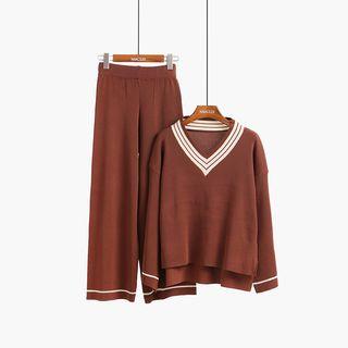 Set: V-neck Knit Top + High-waist Wide-leg Pants