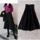 Set: Long-sleeve Plain Knit Top + Midi A-line Skirt